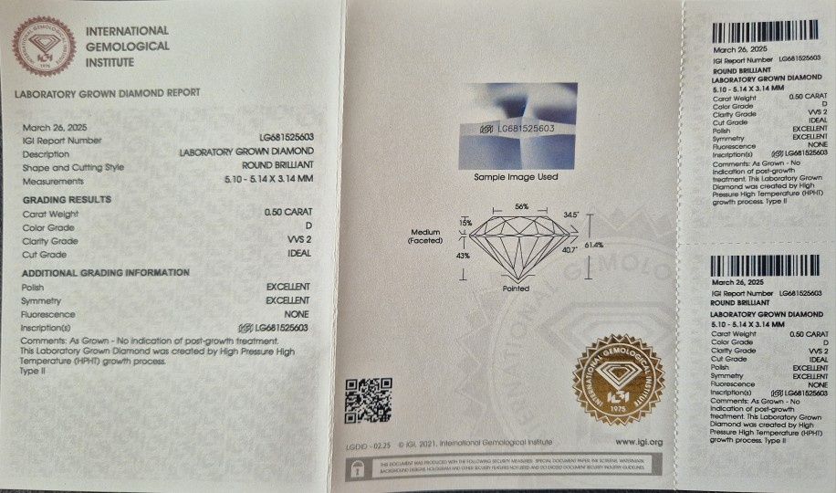 Diament szlif brylant 0,5 ct D VVS2 Ideal