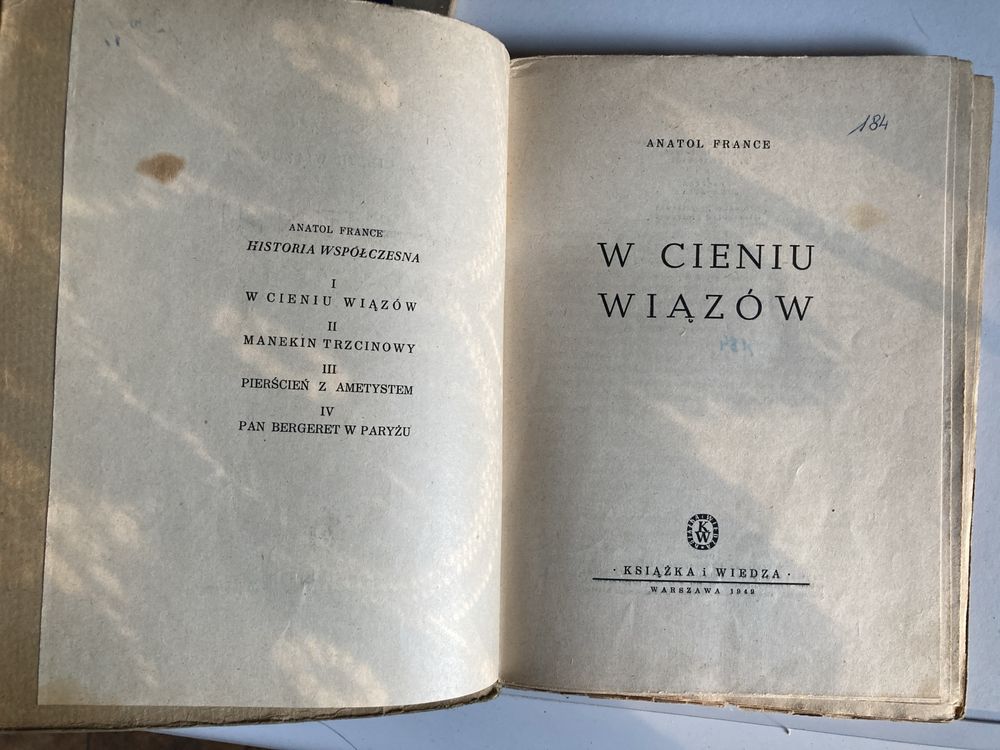 Książka pt,,W cieniu wiązów”Anatol France 1949 rok stan -3pobibliotecz