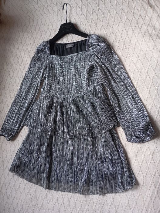 PRIMARK 11-12L sylwestrowa błyszcząca czarno srebrna sukienka