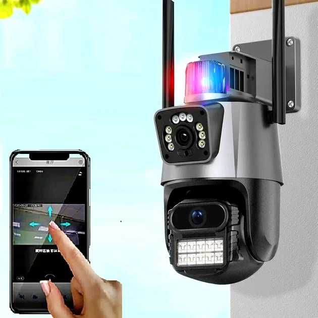 Уличная охранная поворотная WIFI камера Dual Lens Zoom 8MP сирена