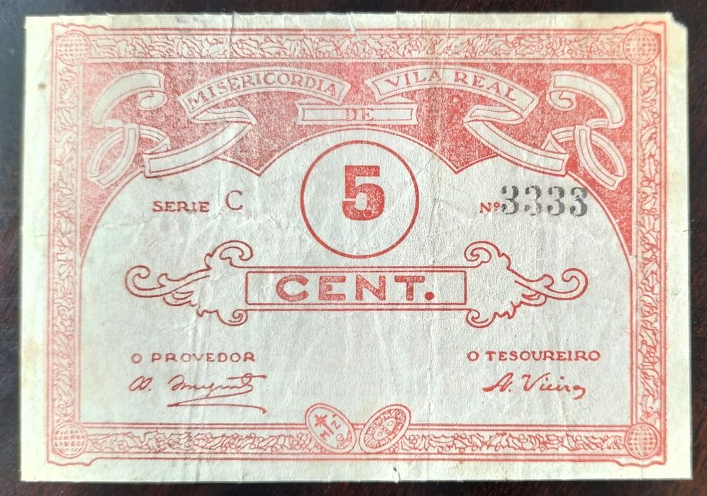 Nota Cédula Capicua Real 5 Centavos Vila Real Bom Estado