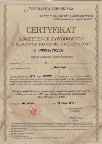 Użyczę Certyfikat Kompetencji Zawodowych Rzeczy/Spedycja/Busy 2,5 T