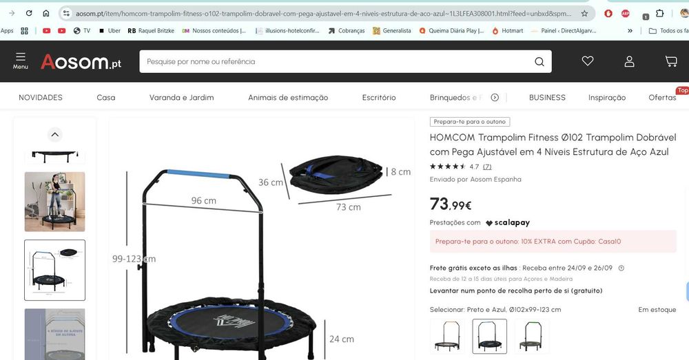 HOMCOM Trampolim Fitness Ø122 Cama Elástica com Guiador Ajustável