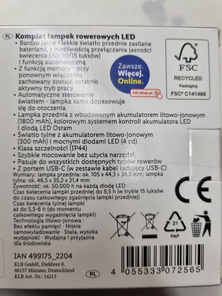 Lampka rowerowa KOMPLET USB-C (Przód i tył)