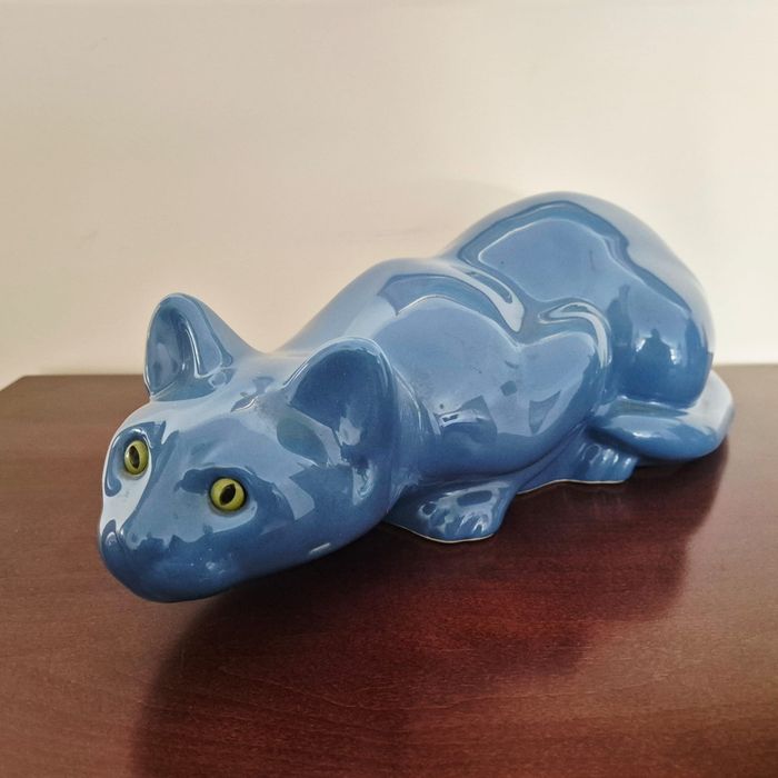 Duży, niebieski  kot ceramika, ręczna robota