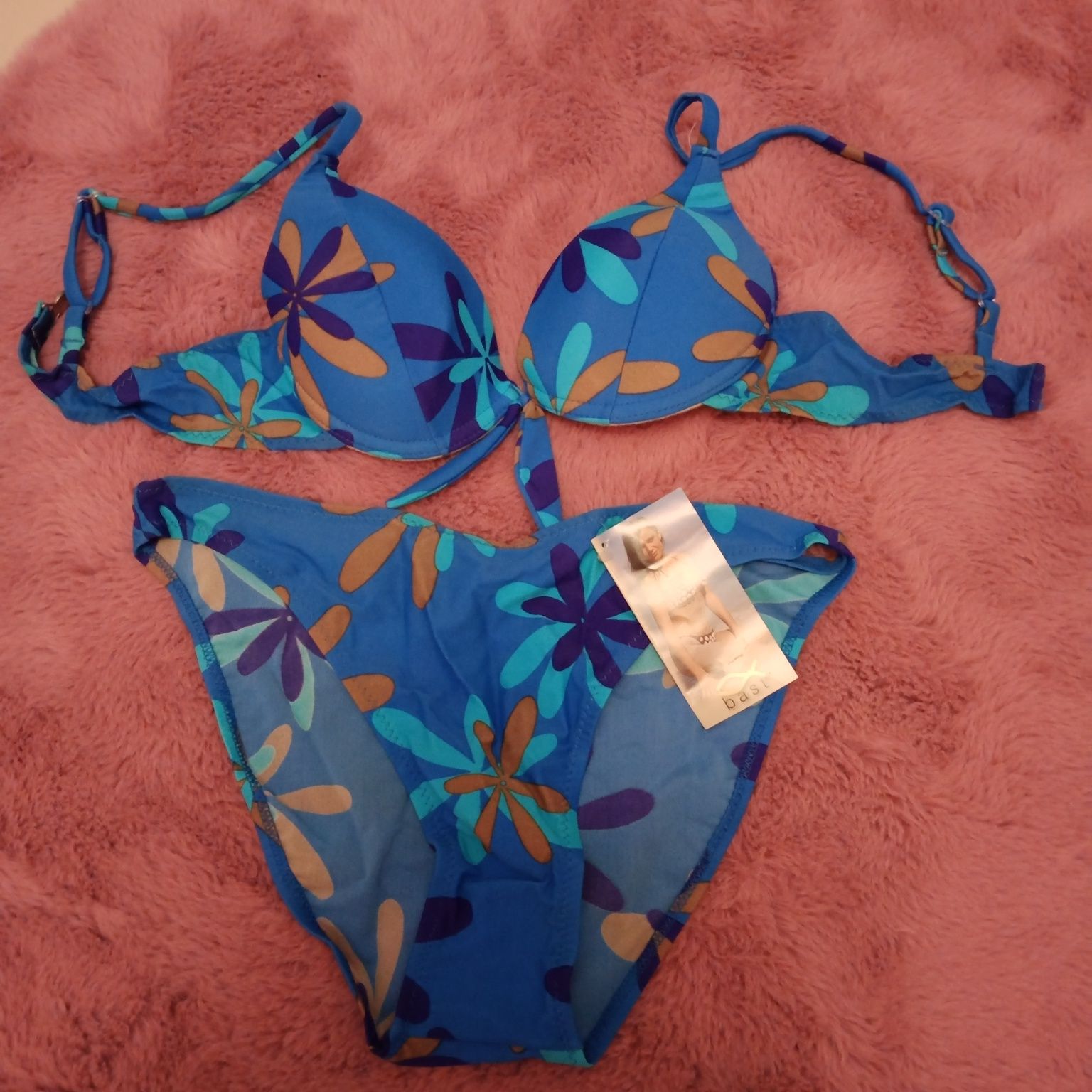 Kostium kąpielowy dwuczęściowy Bast turkus niebieski kwiaty push up