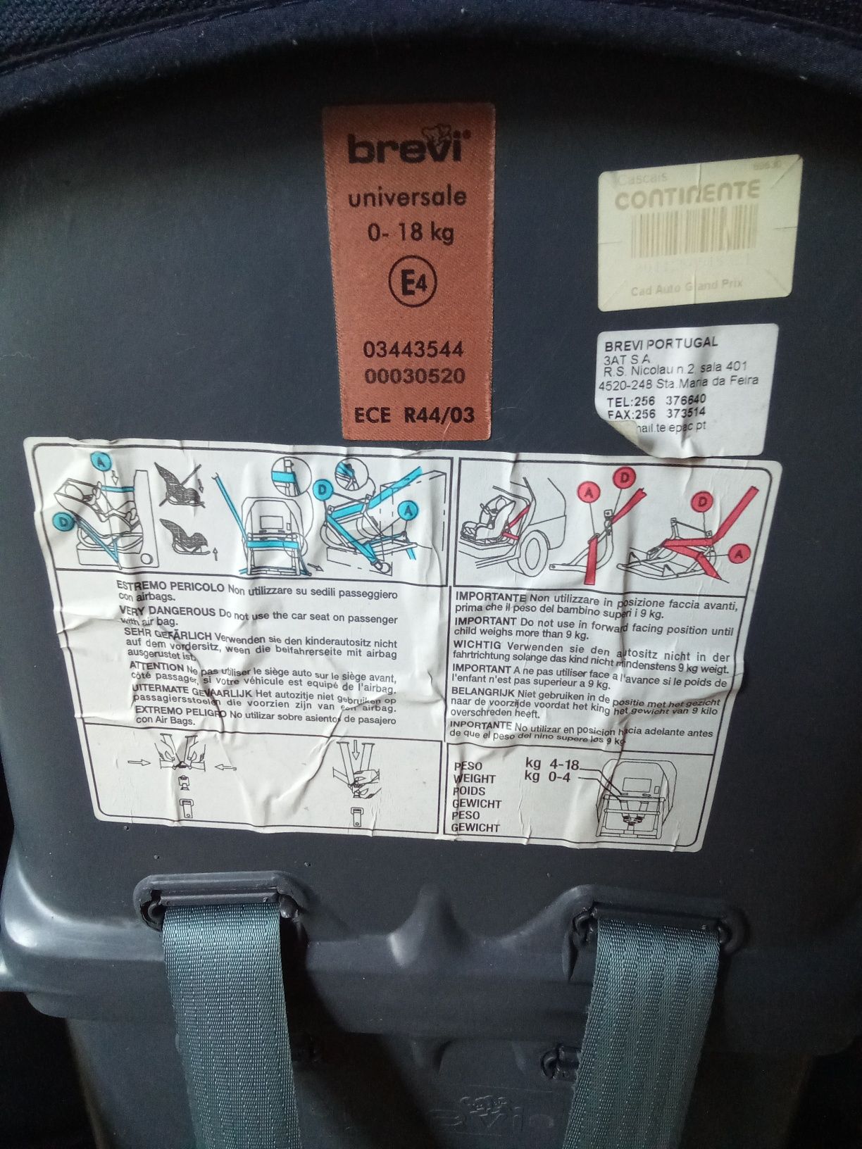 Brevi Assento do carro para bebê 0-18 kilos, tudo funcional