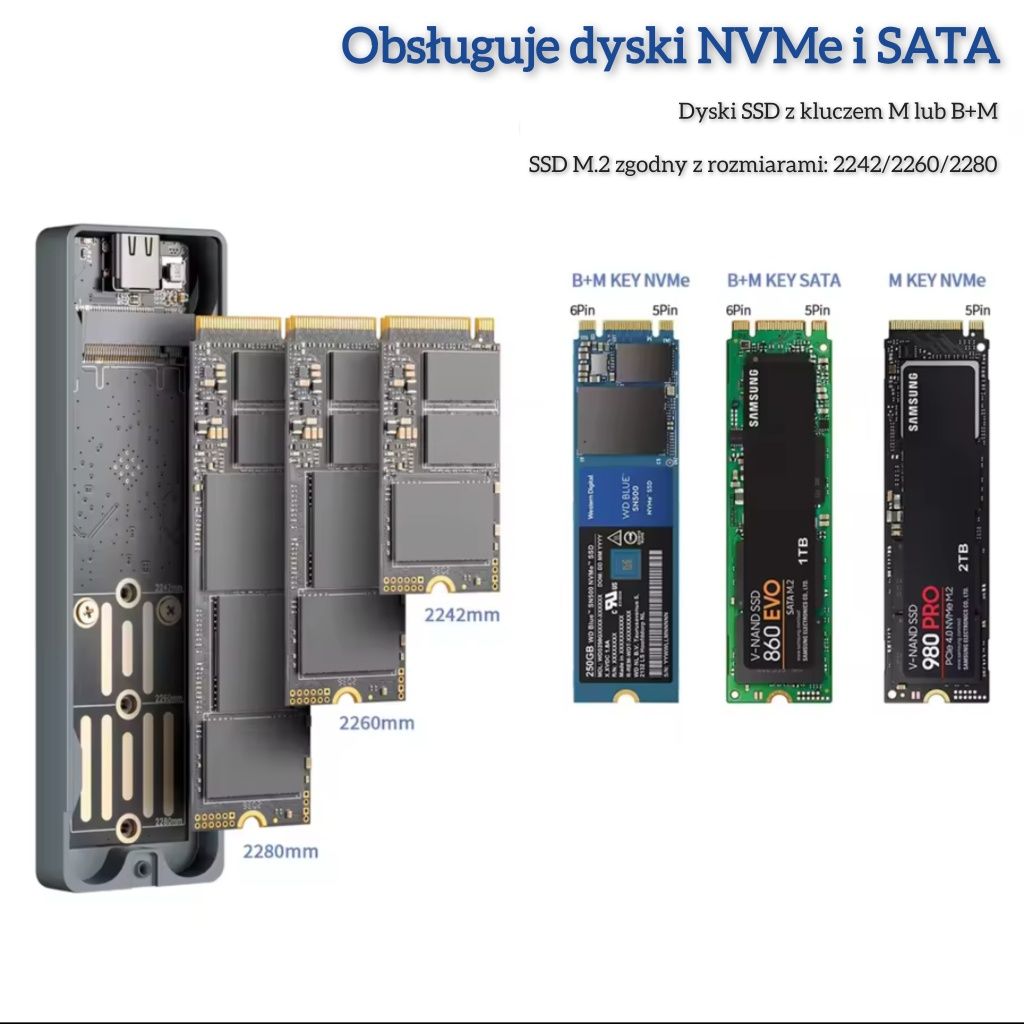 Obudowa kieszeń dysku SSD M.2 nvme SATA USB-C 3.2 Gen.2 10Gbps