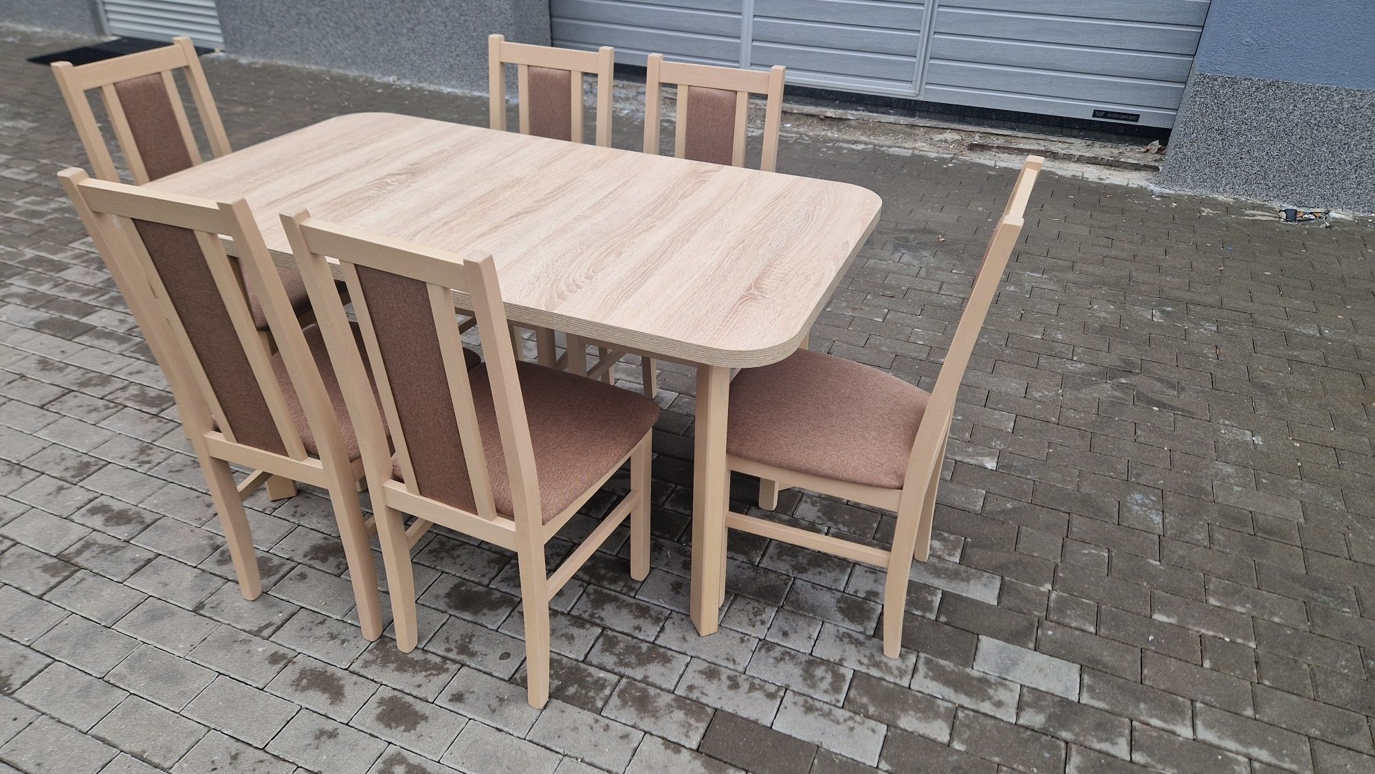 Nowe: Stół rozkładany + 6 krzeseł, SONOMA + JASNY BRĄZ "PROSTE"
