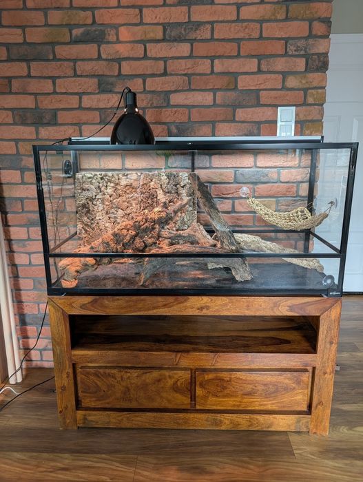 KOMPLET TERRARIUM 120x45x60 + szafka drewno mango + pełne wyposażenie