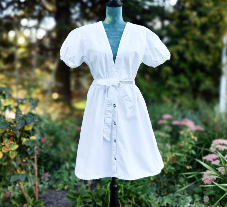 Biała jeansowa sukienka Boohoo 42 XL bawełna denim midi rozkloszowana