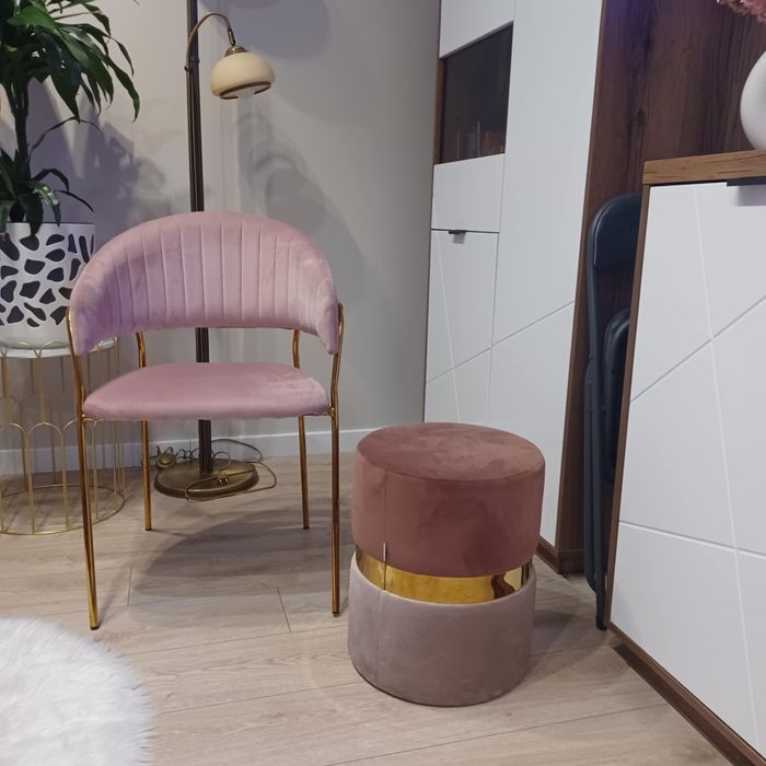 Krzesło i pufa welurowy róż