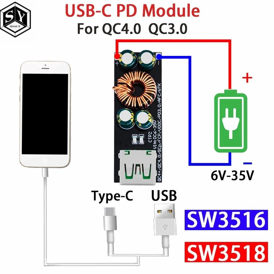 Модуль швидкої зарядки SW 3518 PD45W  Type-C PD3.1 QC4.0 QC3.0