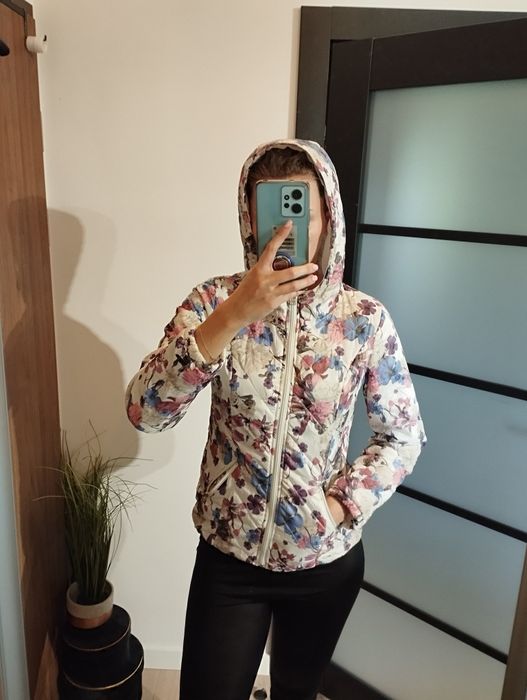 Biała kurtka z kapturem kwiaty 38 36 S M wiosna jesień HOUSE