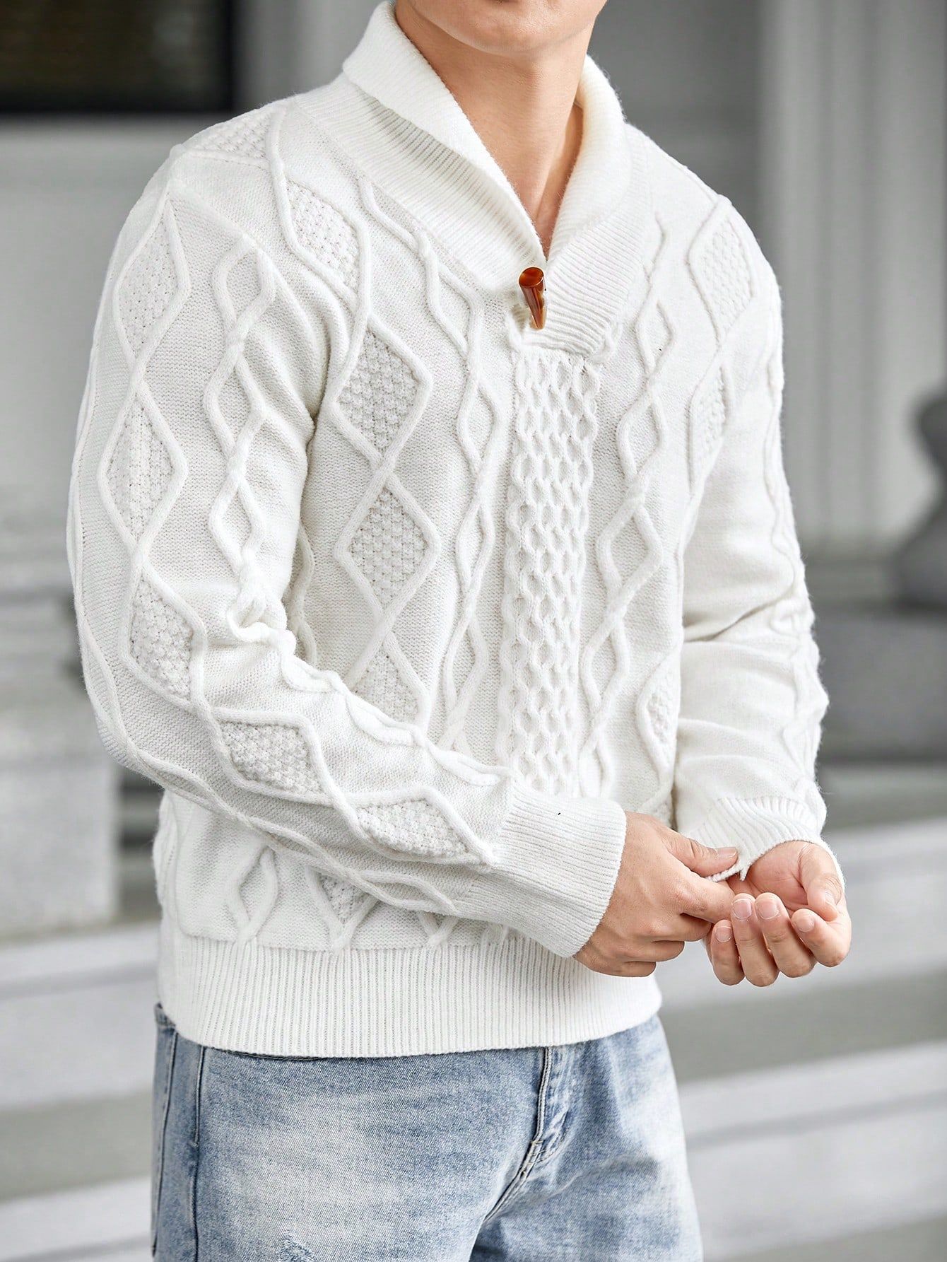 Sweter Męski Z Kołnierzykiem Biały Teksturowany Casual Shein M