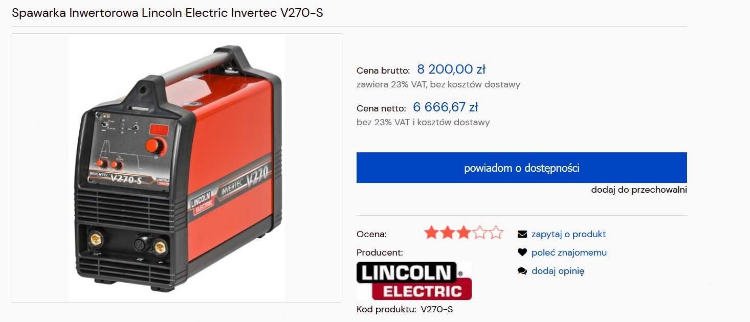 Spawarka Inwertorowa Lincoln Electric Invertec V270-S 2 Kable MMA TIG