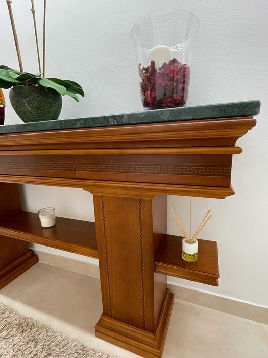 Consola em Cerejeira com pedra em Granito verde e espelho parede