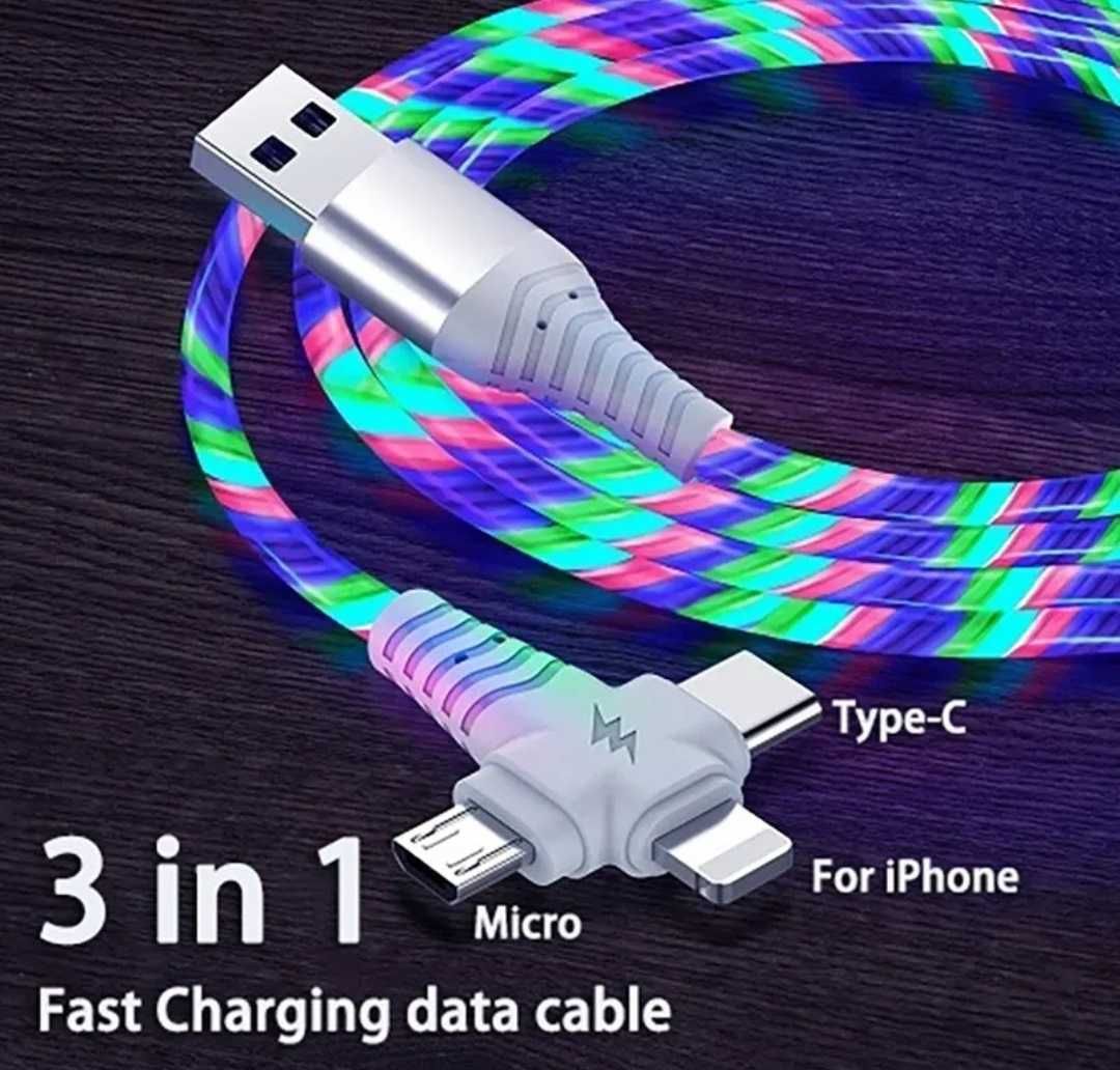 Świetlny kabel ładujący 3A 3w1 Micro USB C Lightning 1m LED