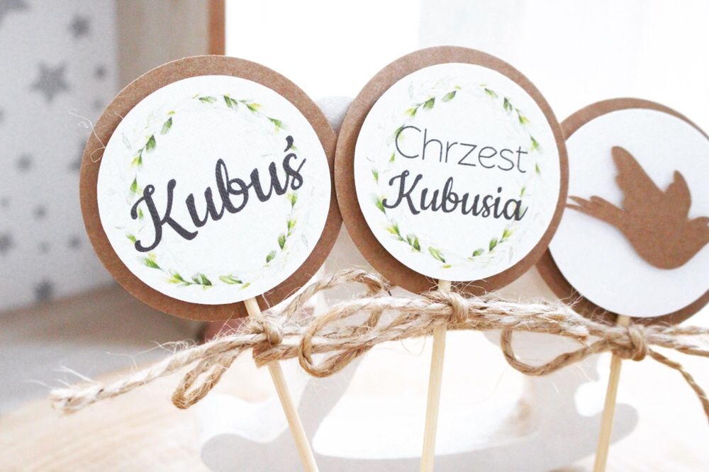 Pikery topper do babeczek dekoracje urodzinowe na chrzest rustykalne