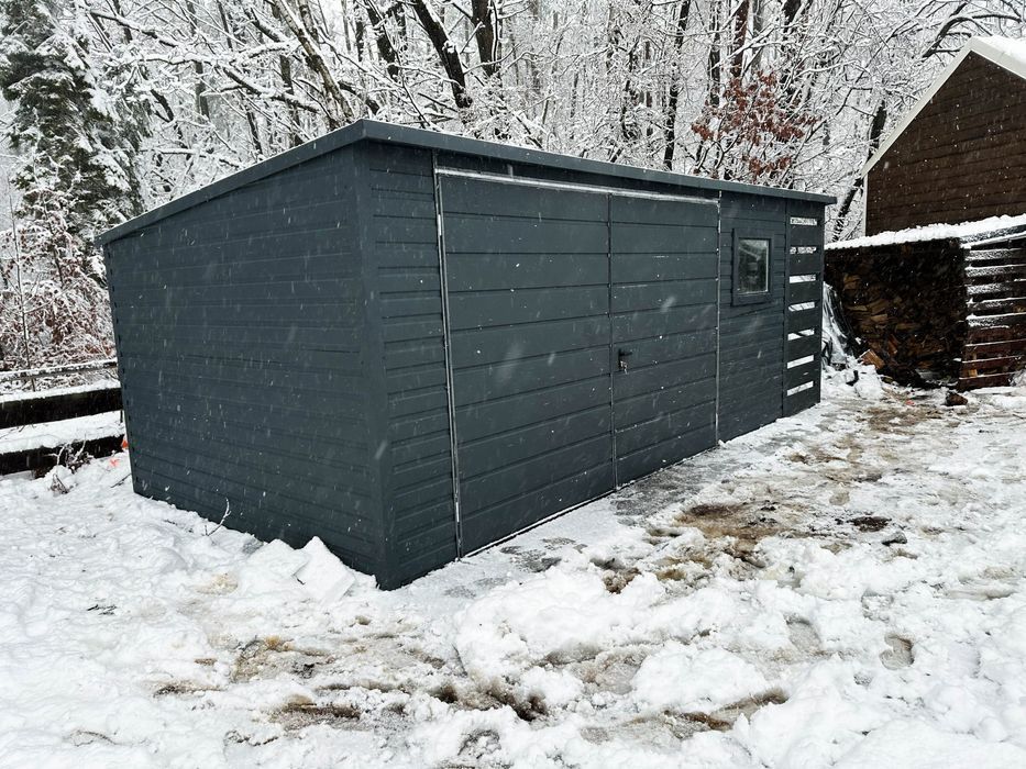 DOMEK OGRODOWY SCHOWEK Garaż 5X3 + Wiata Okno Drzwi Antracyt DG354