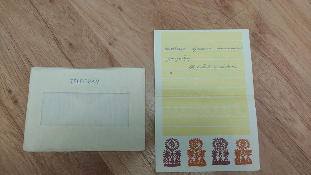 Telegram z kopertą, Pocztówka PRL.
