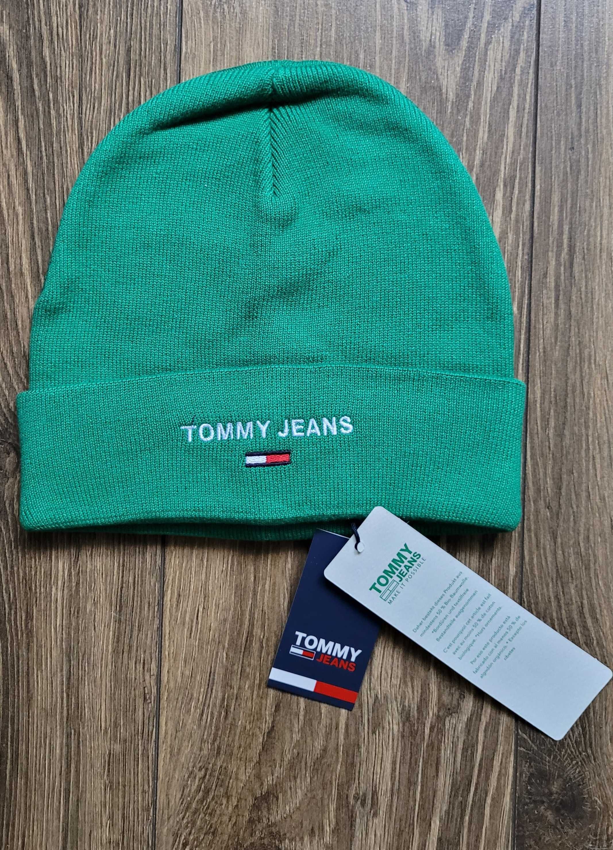 czapka beanie Tommy Jeans zimowa z logo zielona bawełna sportowa NOWA