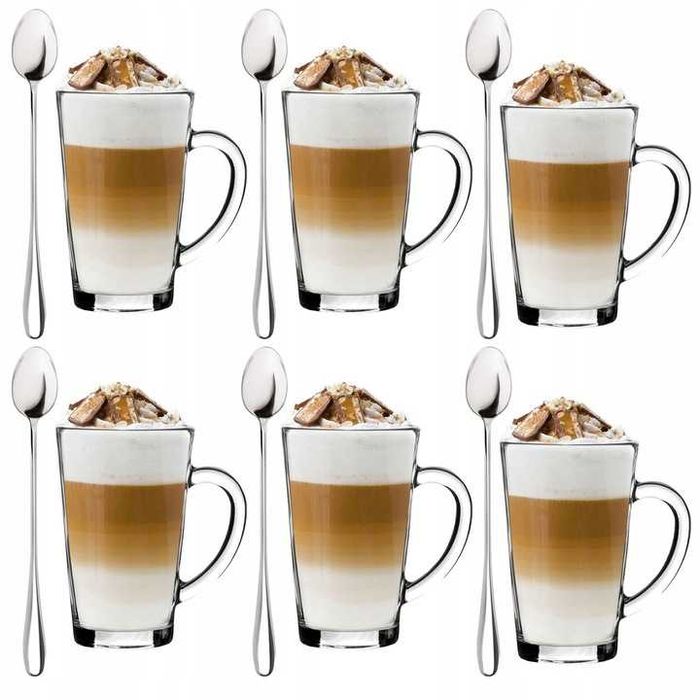 Nowe Szklanki Do Kawy Latte + łyżeczki Zestaw Szklanek Na Kawę X6