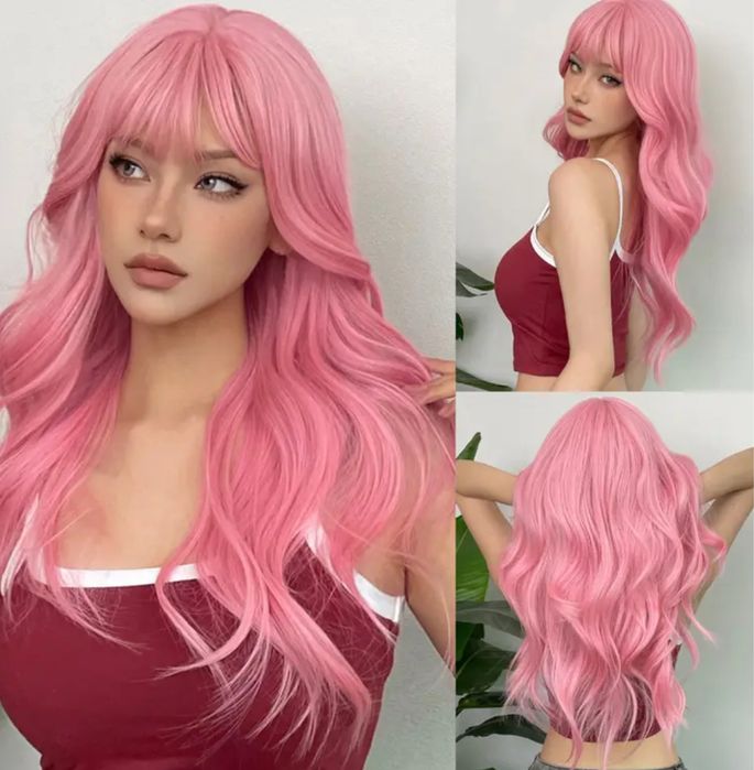 Розовый длинный парик на хеллоуин с челкой