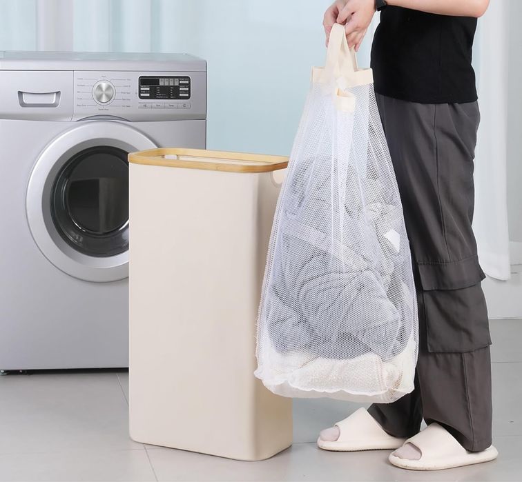 Kosz na pranie iEGrow 60L beżowy z pokrywą składany