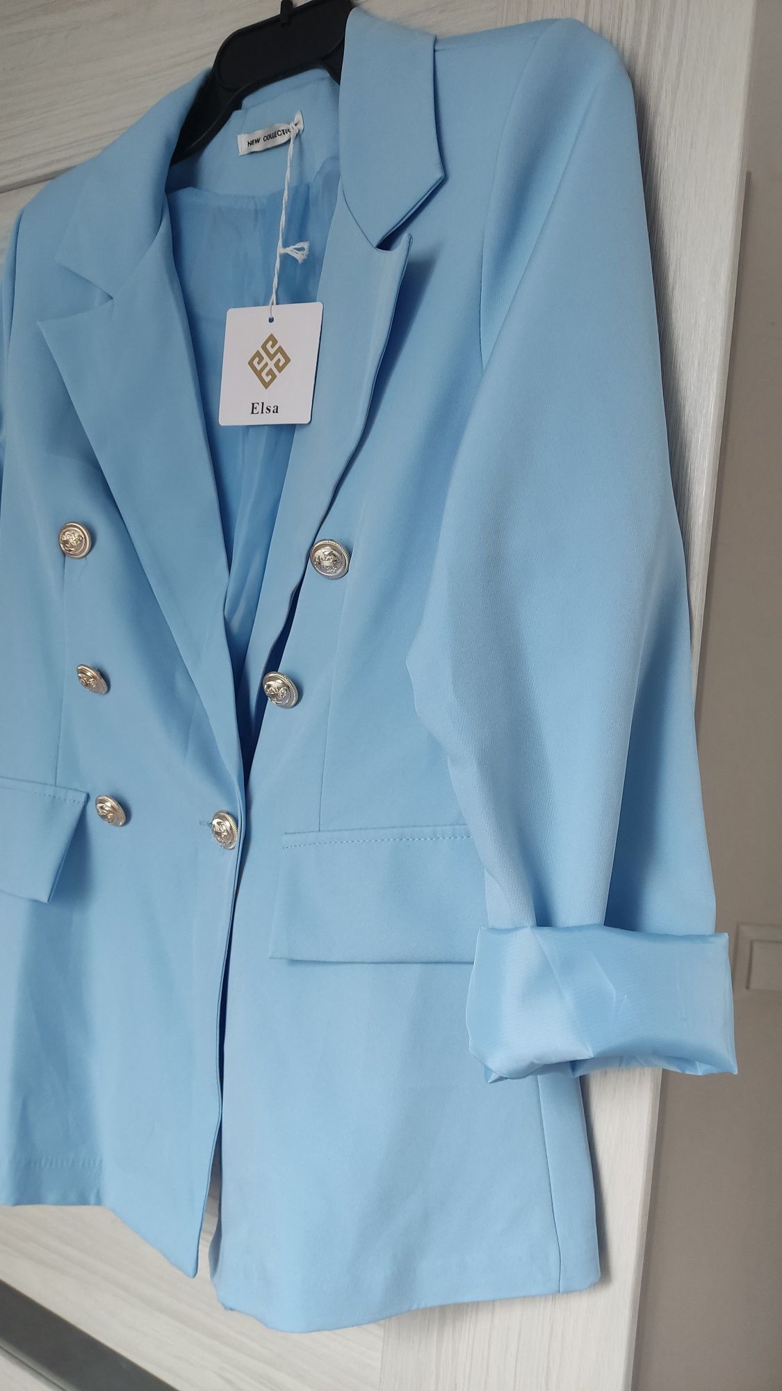 Marynarka żakiet damski złote guziki M L niebieska baby blue