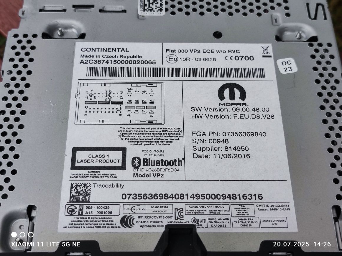 Radio samochodowe Fiat 500L Continental Fiat 330 VP2 ECE