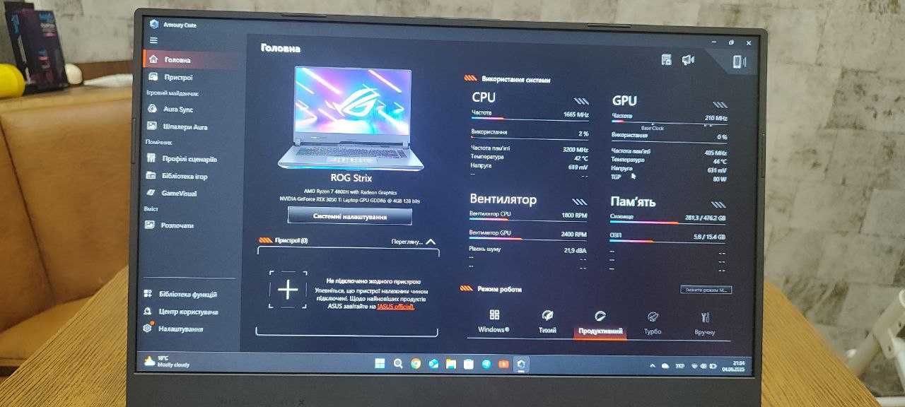 ігровий ноутбук asus rog strix g15 rtx 3050ti  r7-4800h озу 16 gb