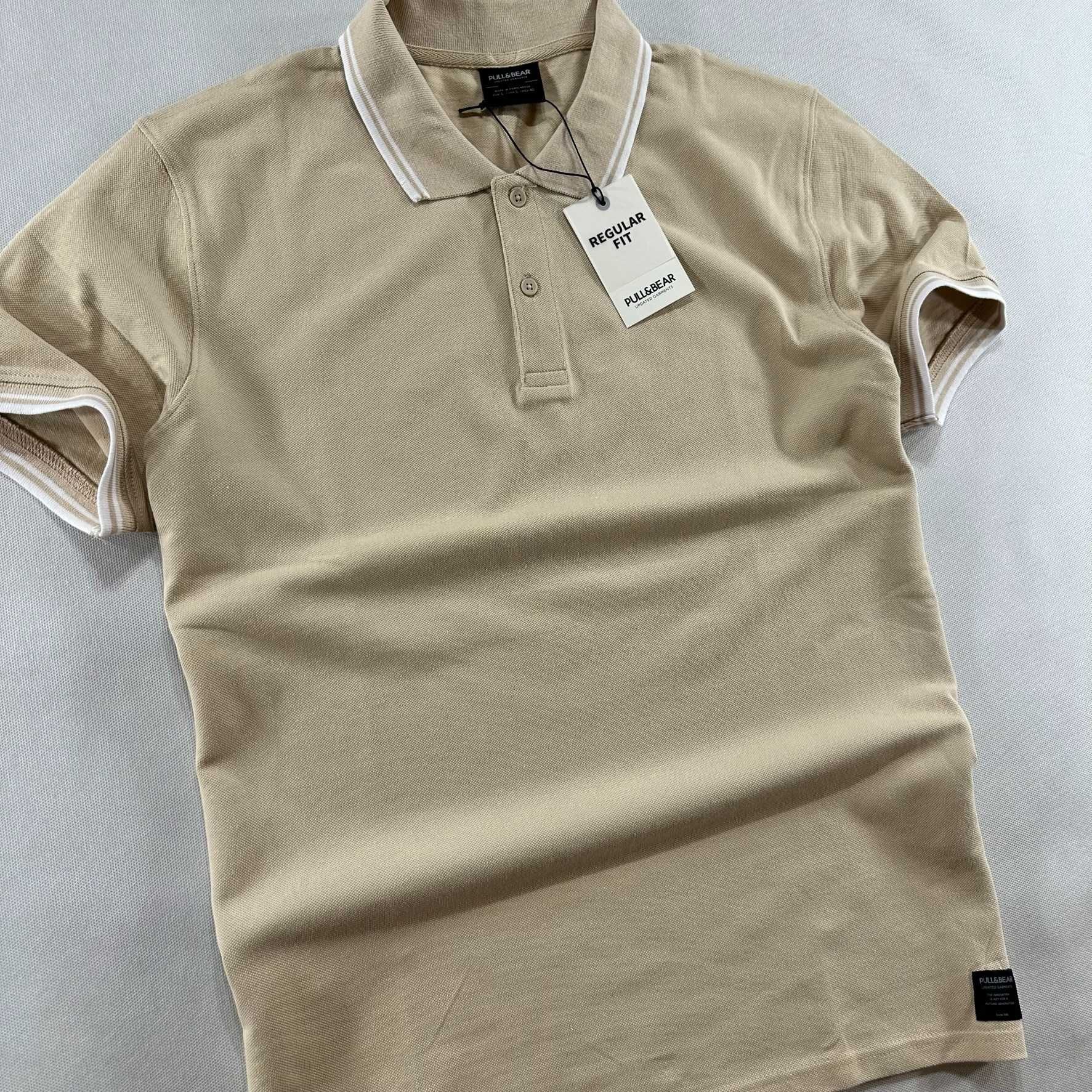 PULL & BEAR męskie t-shirt polo beżowy regular fit M