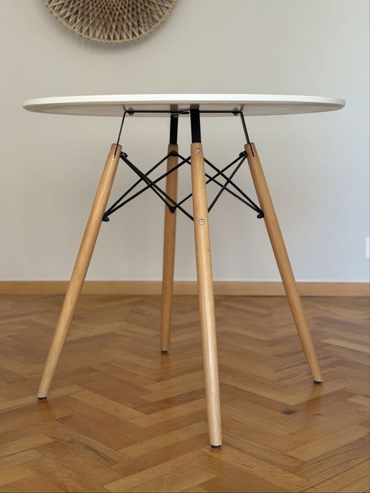 Stół okrągły biały skandynawski 80 cm, drewniane nogi, bardzo stabilny