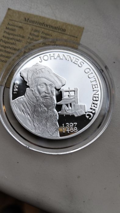 Benin 1000 Franków 1999 r J. Gutenberg srebro 999