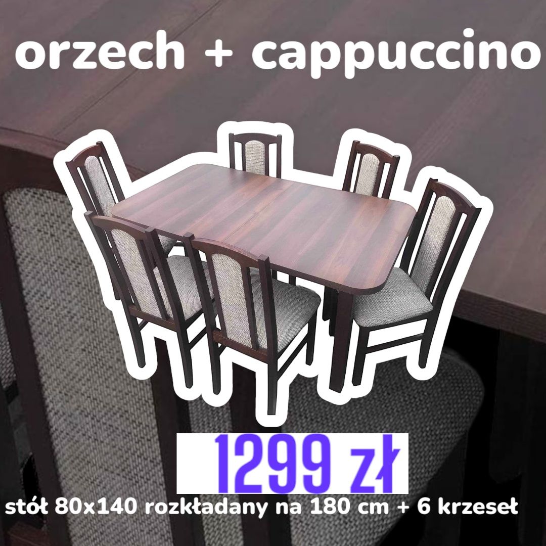 Nowe: Stół 80x140/180 + 6 krzeseł, orzech + kawa z mlekiem, dostawa PL