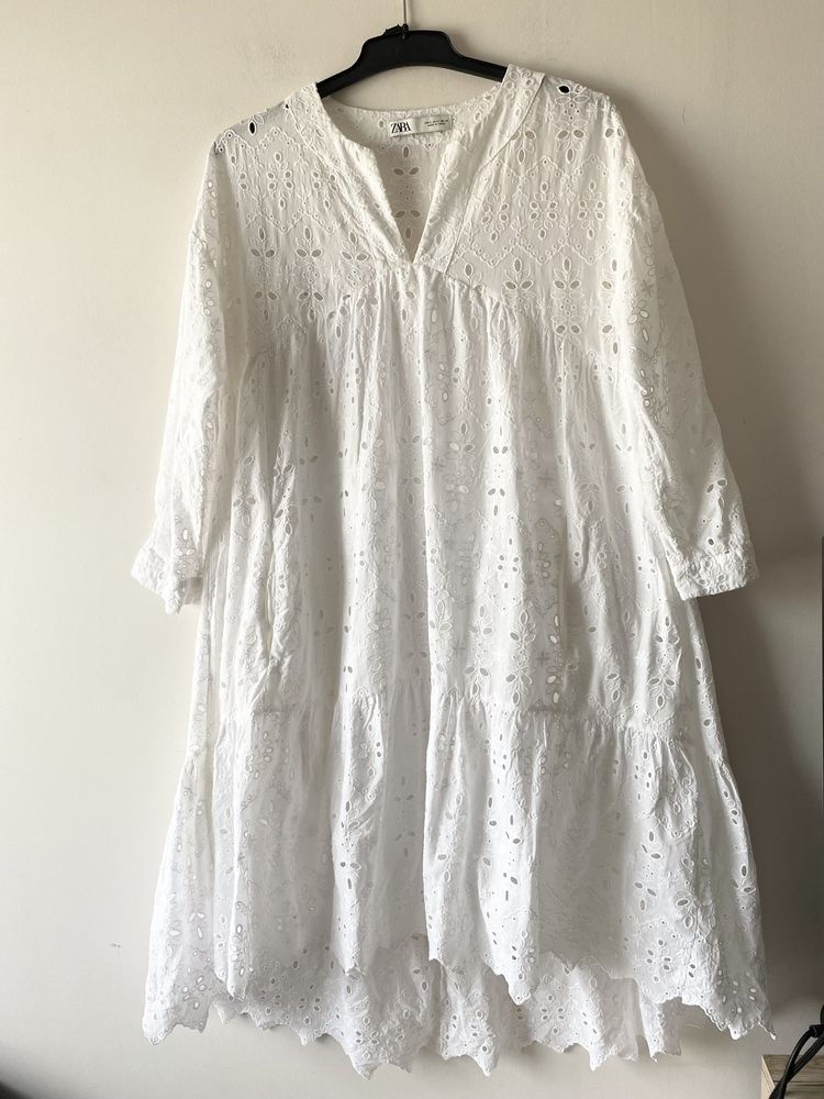 Zara ażurowa sukienka midi hafty boho oversize