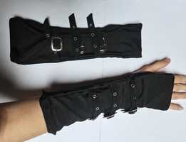 Długie czarne rękawiczki bez palców z klamrami (punk, rock, metal)