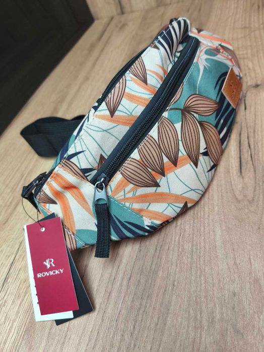 Damska nowa duża nerka pojemna kwiaty liście jasna torebka .