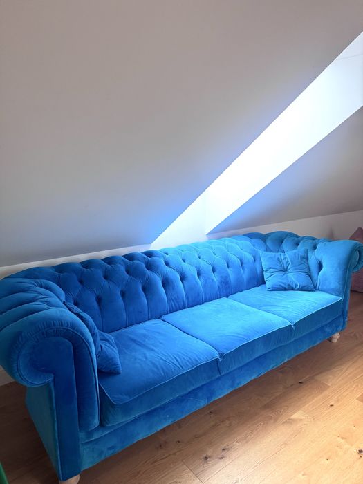 Sofa Chesterfield kanapa turkusowa, blekitna niebieska aksamitna