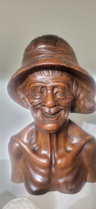 Drewniane Popiersie Starca/Ryłaka w Kapeluszu Kunsztowne Rękodzieło