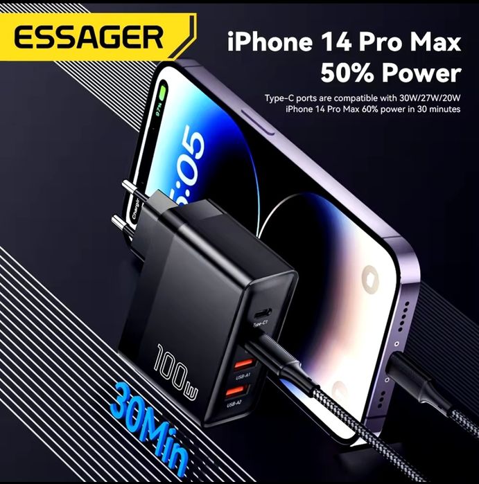 Універсальна зарядка GaN Essager 100W+кабель2м зарядний пристрій 100Вт