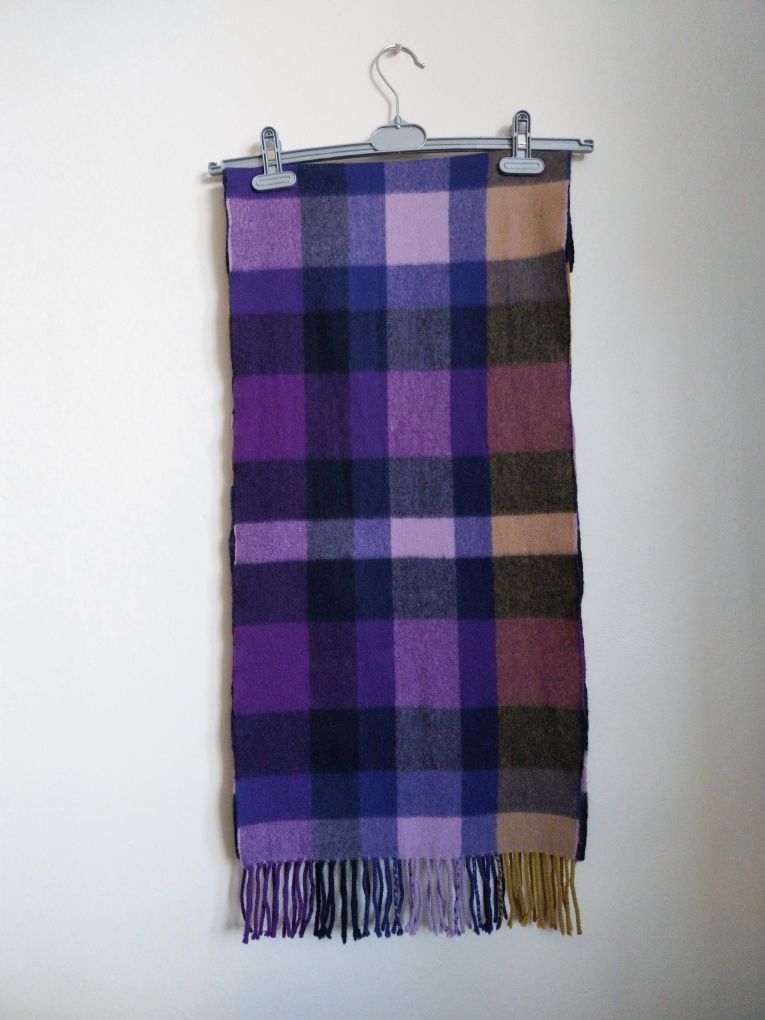 Fioletowy szalik w kratę Duchamp London Made in Scotland wełna angora
