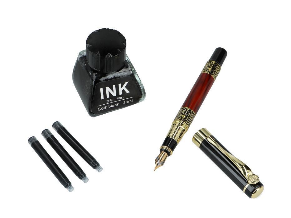 Pióro wieczne w ozdobnym etui, bordowe + tusz i naboje
