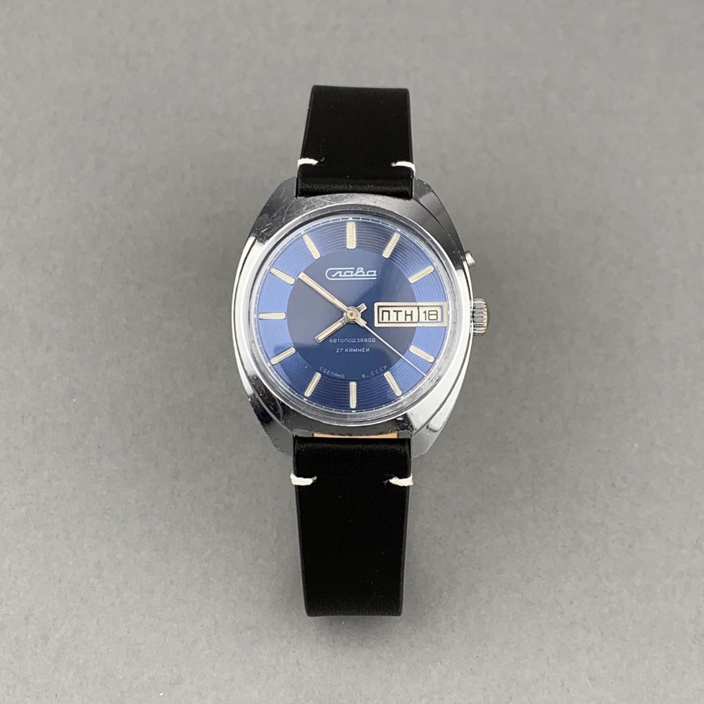 Zegarek vintage Slava – Blue Dial | automat | dzień i data | USSR