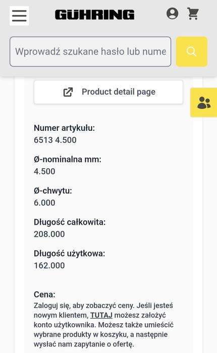 Guhring Wiertła RATIO, z kanałkami chłodz. 6513-4.500 NOWE!!
