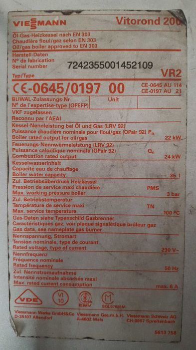 Piec Viessmann Vitorond 200 o mocy 24kW + palnik multiolejowy