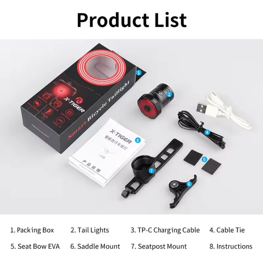 Lampka rowerowa Tylna LED X-TIGER WD-1103 Auto Hamowanie USB-C Jakość
