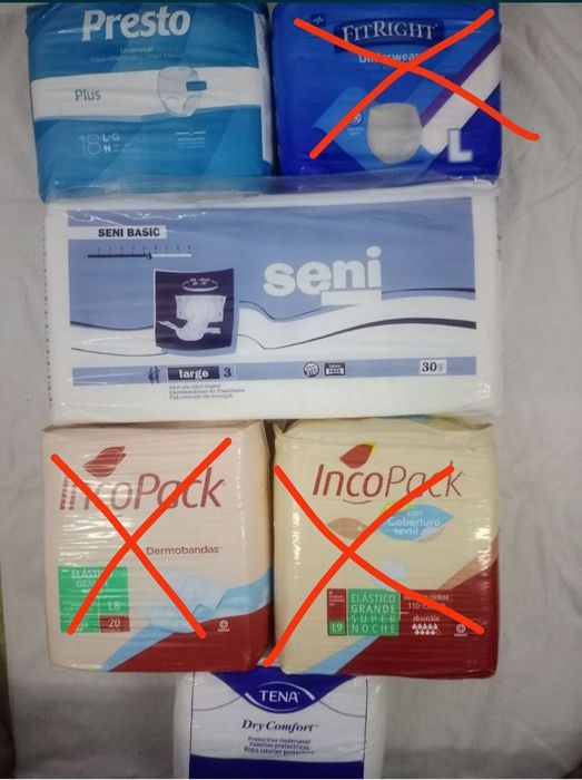 Підгузки, підгузки-трусики для дорослих Tena L, Seni L, Incopack L