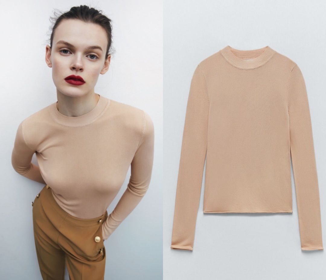 ZARA S semi-sheer karmelowy półprzezroczysty sweter